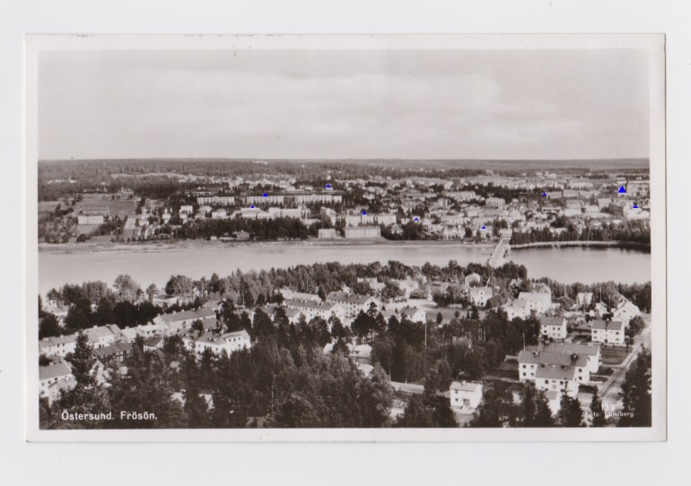 postcard with blue triangles