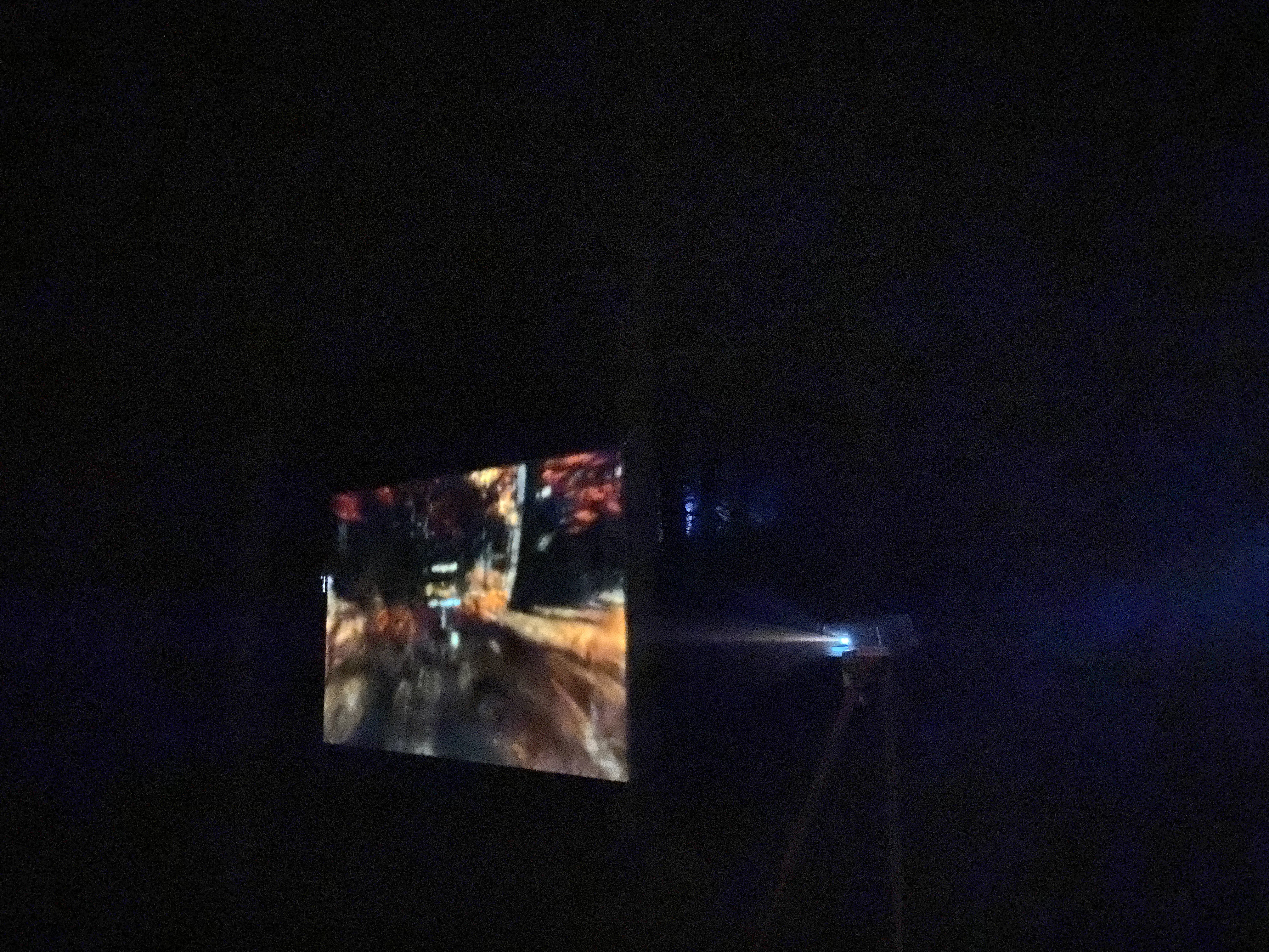 in an almost pitch-black woodland, there's a floating screen with a projector behind, showing an image of a character running through a digital woodland