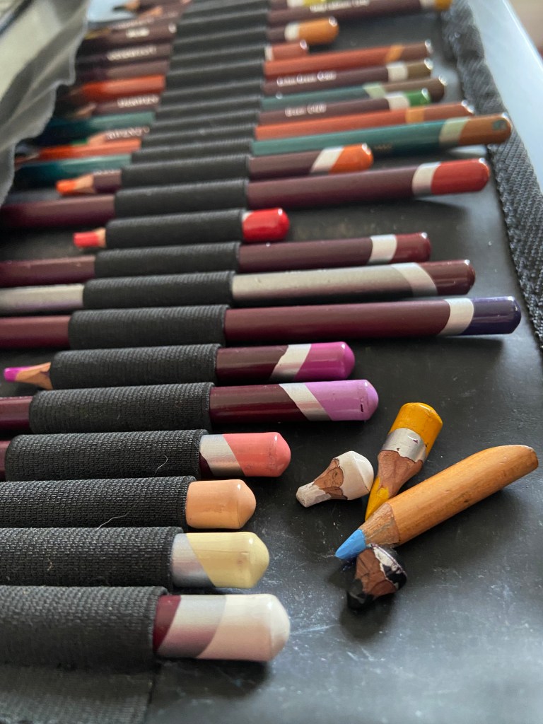 A black pencil wrap filled with coloured pencils of various sizes, from under 1cm to new full-length.